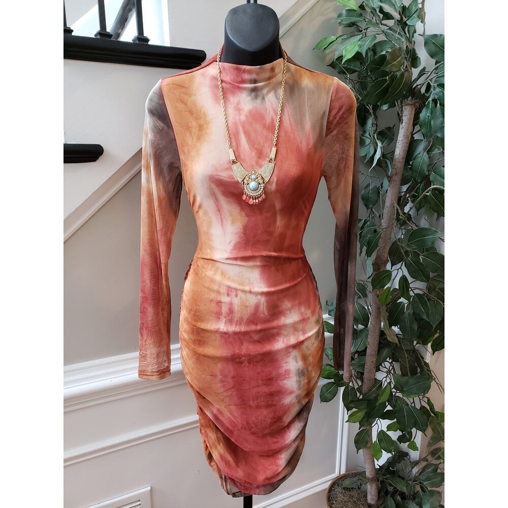 IRIS Bodycon Dress Women M Multicolor Long Sleeve Ruched Mesh Stretch‎ Sexy